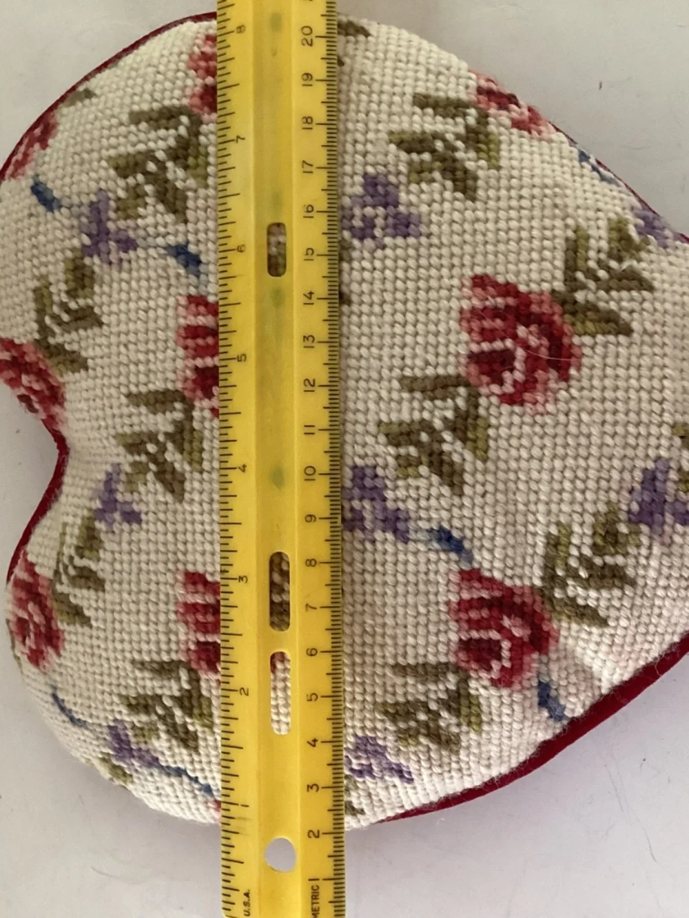 Rose Vine Heart Needlepoint Pillow with Red Velvet Back approx 7 inches